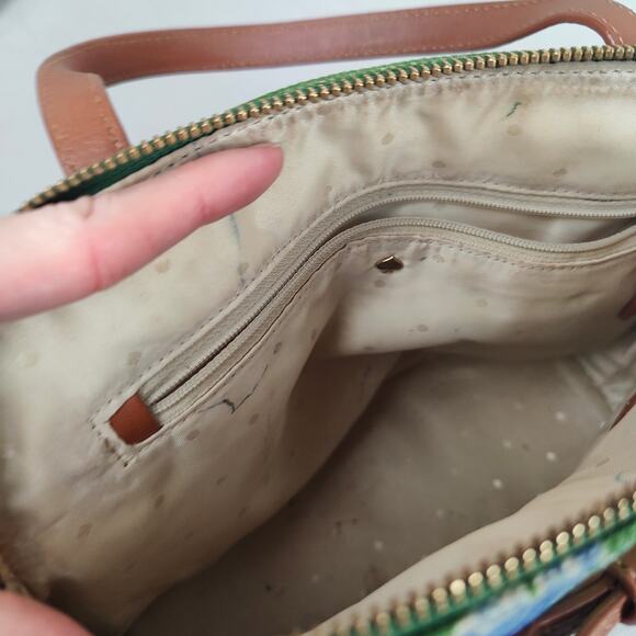 Kate Spade Floral‎ Canvas Bag Green Top Handle Shoulder Strap Satchel Preppy Bow - Picture 8 of 9